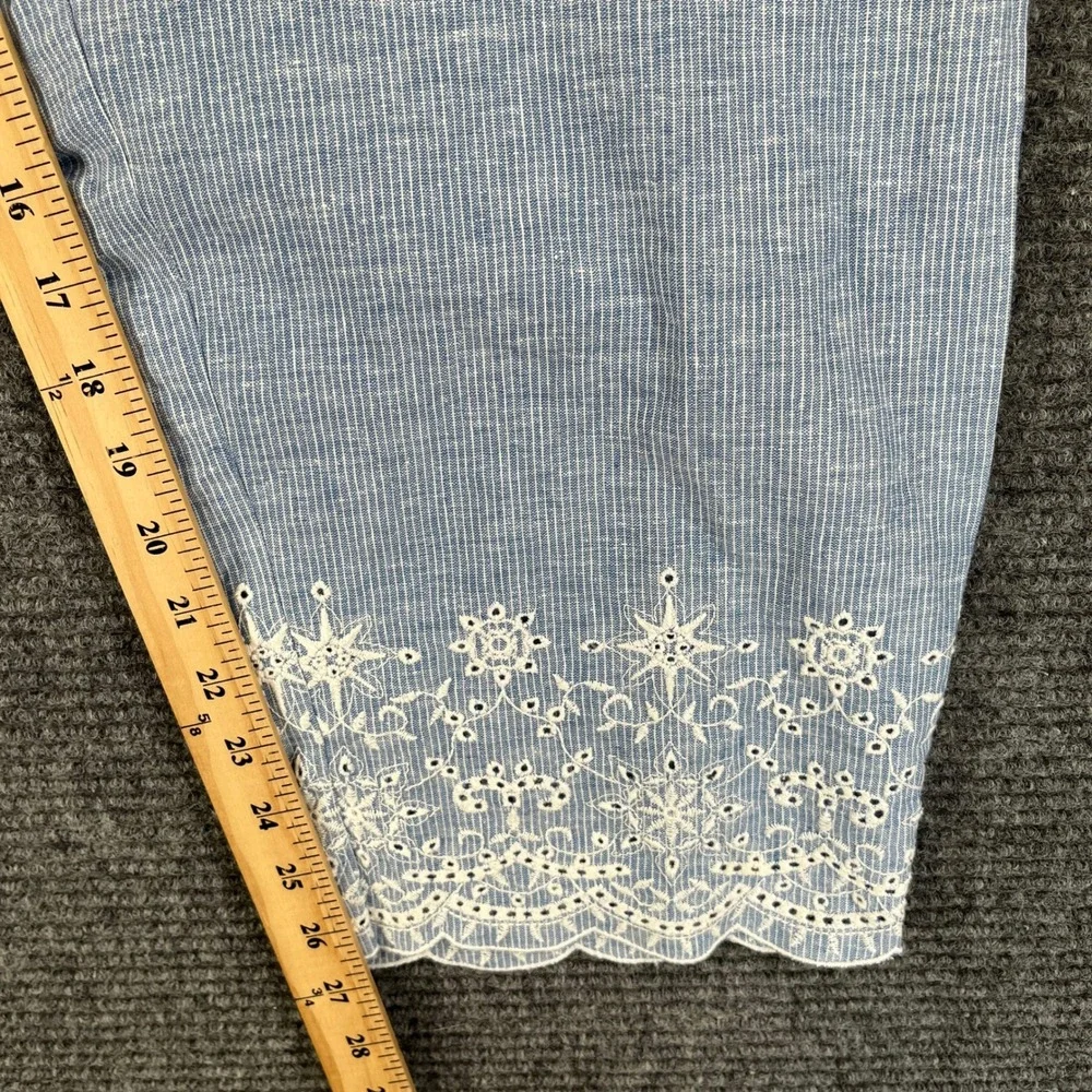 Chicos Pull On Straight Ankle Pant Women 16 Linen Blend Blue Stripe Eyelet Hem